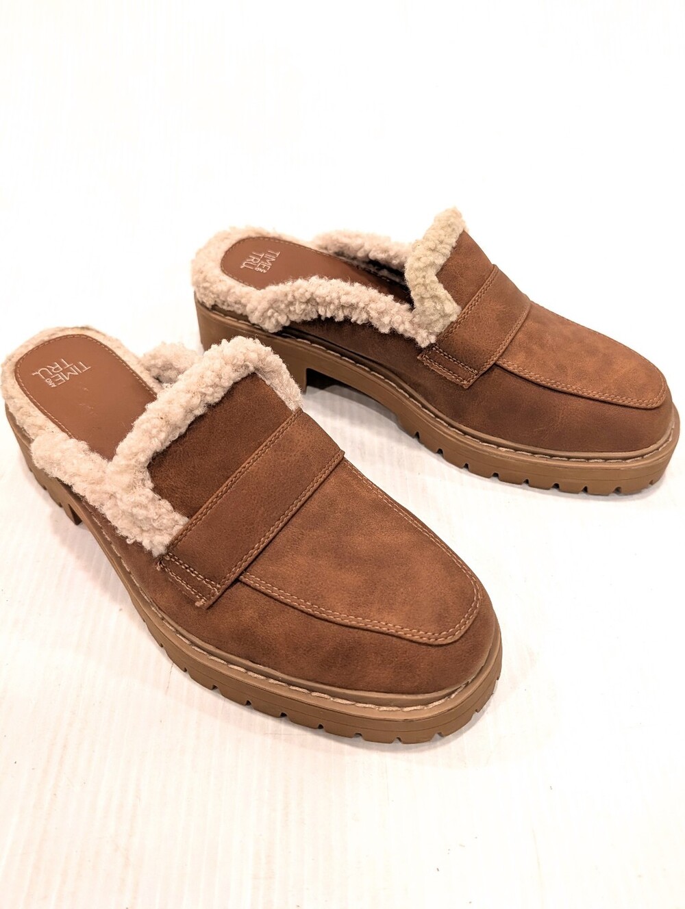 TIME & TRU Faux Shearling-Lined Brown Slip-On Mules Size 8